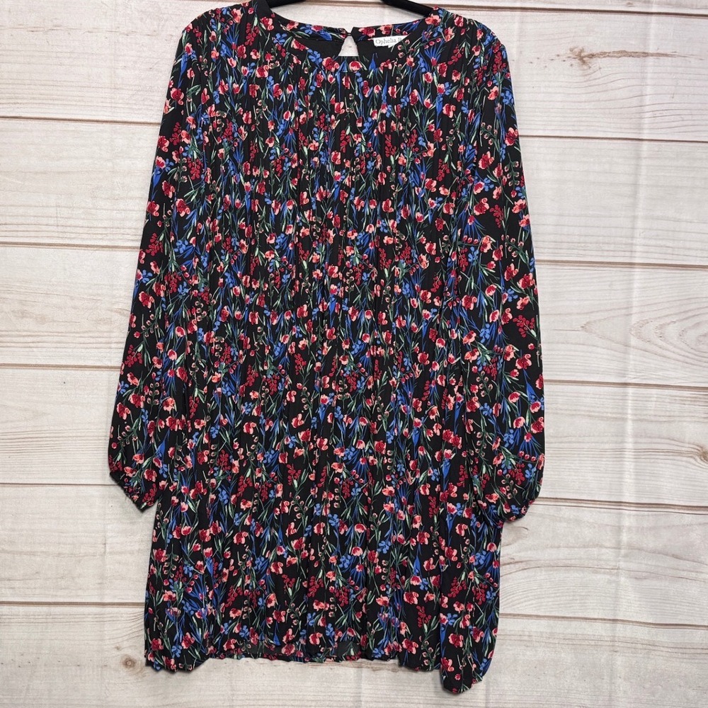 Ophelia Roe Womens Large Black Floral Pleated‎ Long Sleeve Shift Dress Keyhole